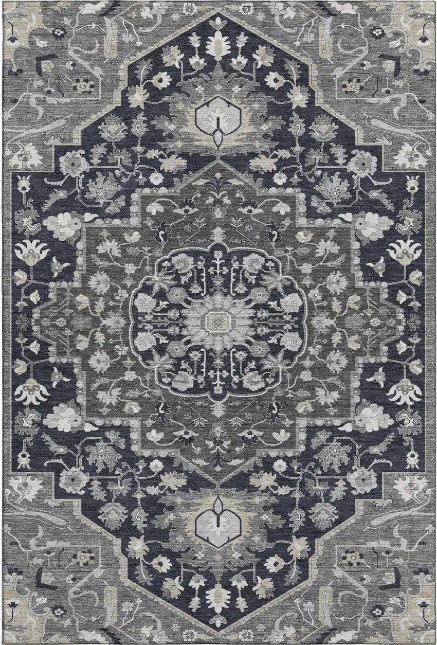 Black Gray And Beige Oriental Washable Area Rug With UV Protection Photo 1