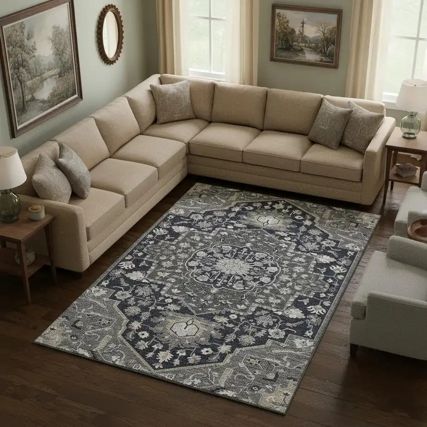 Black Gray And Beige Oriental Washable Area Rug With UV Protection Photo 2