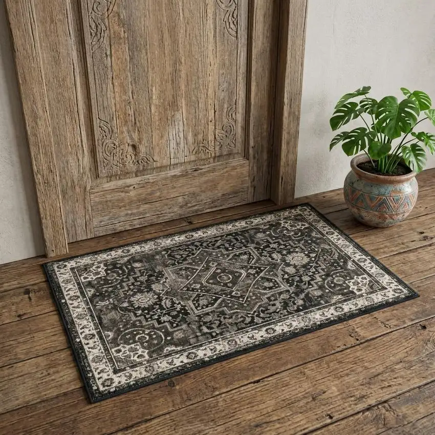 Black Gray And Beige Oriental Washable Area Rug Photo 1