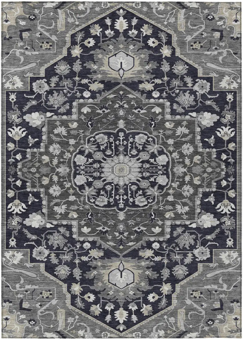 Black Gray And Beige Oriental Washable Indoor Outdoor Area Rug Photo 2