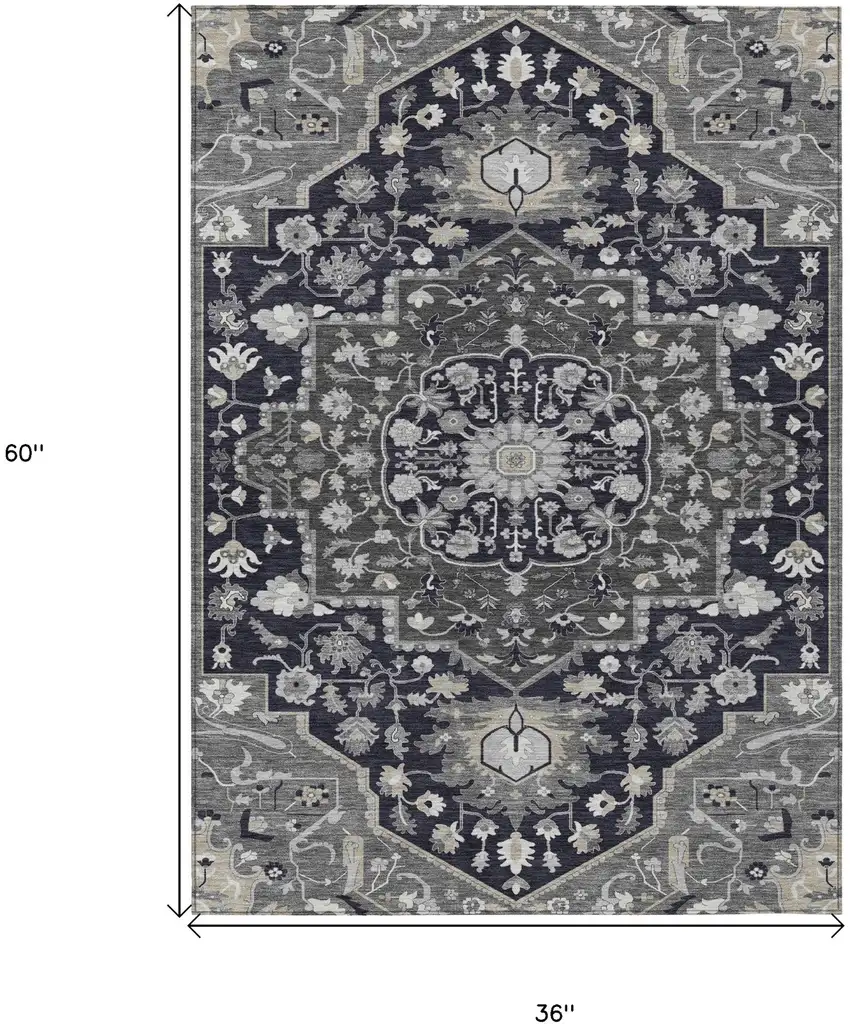Black Gray And Beige Oriental Washable Indoor Outdoor Area Rug Photo 3