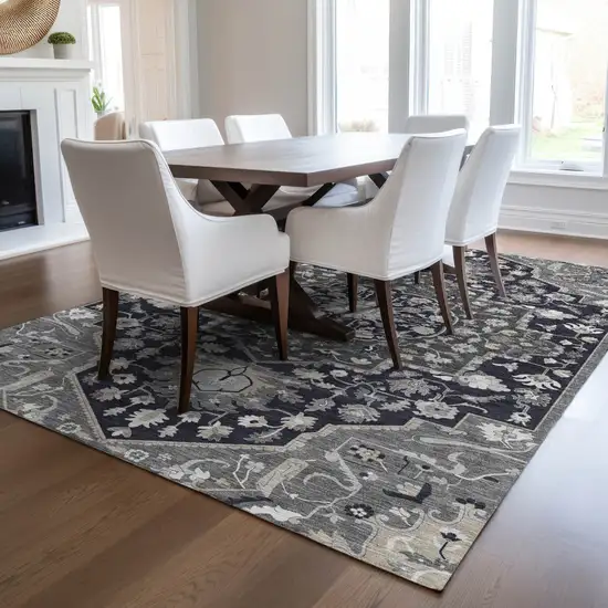 Black Gray And Beige Oriental Washable Indoor Outdoor Area Rug Photo 9