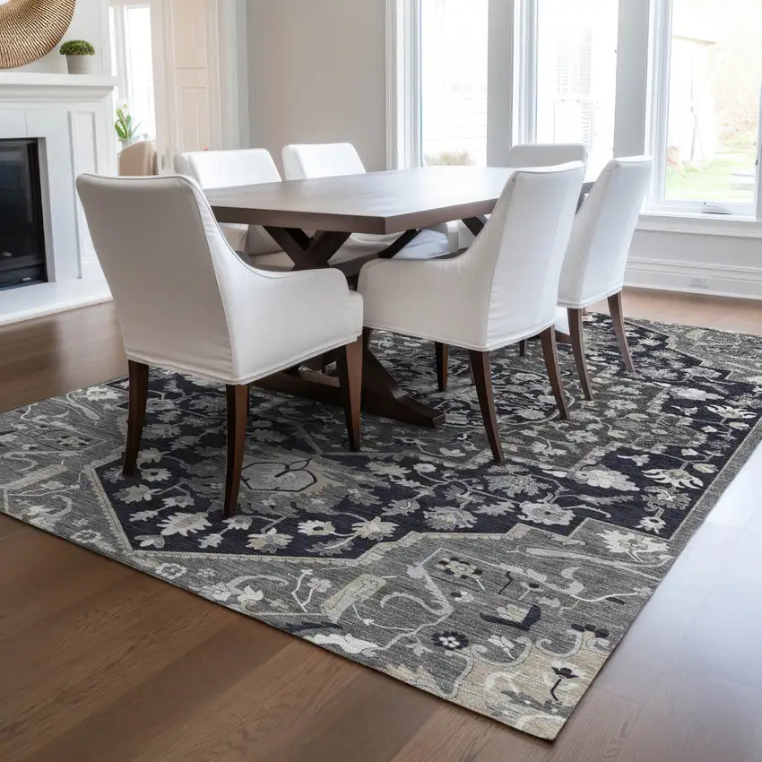Black Gray And Beige Oriental Washable Indoor Outdoor Area Rug Photo 9