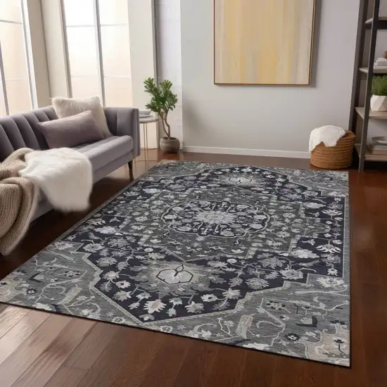 Black Gray And Beige Oriental Washable Indoor Outdoor Area Rug Photo 8