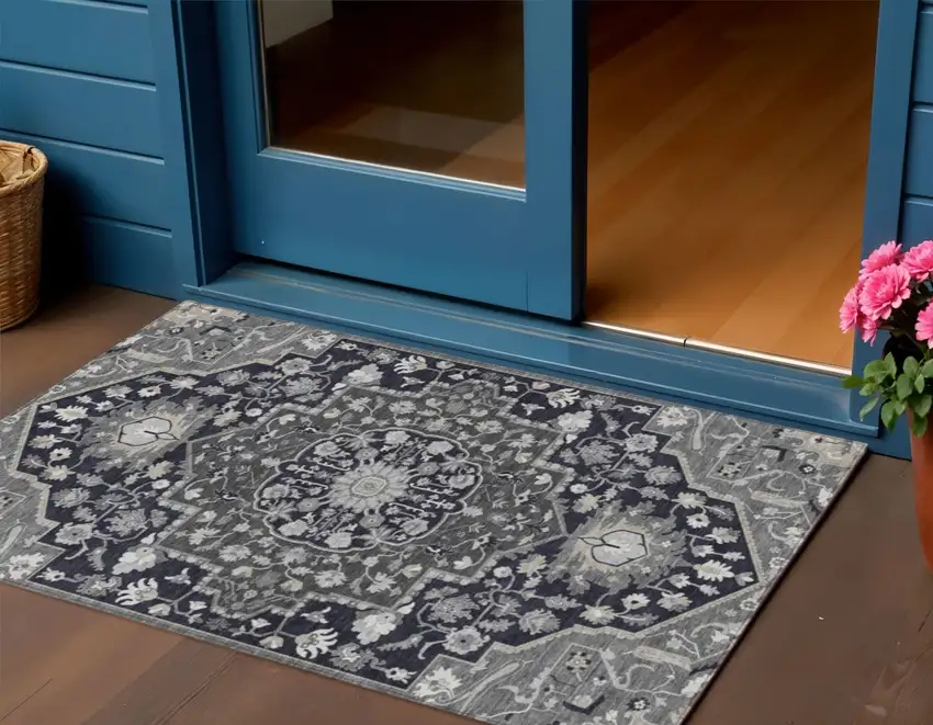 Black Gray And Beige Oriental Washable Indoor Outdoor Area Rug Photo 1