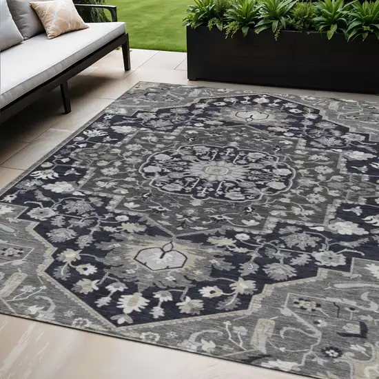 Black Gray And Beige Oriental Washable Indoor Outdoor Area Rug Photo 1