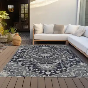 Photo of Black Gray And Beige Oriental Washable Indoor Outdoor Area Rug
