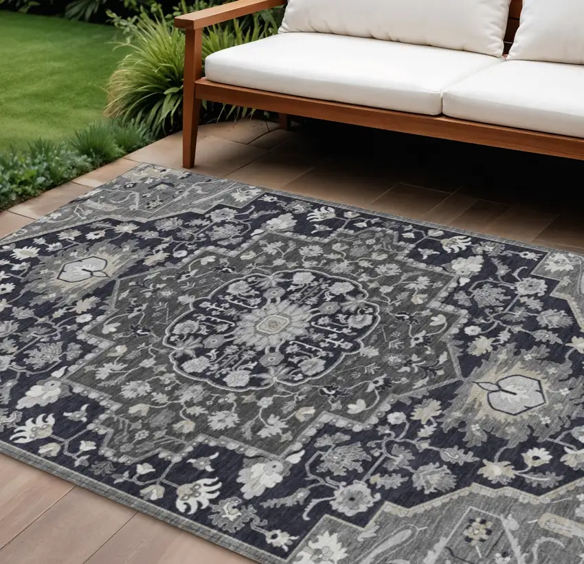 Black Gray And Beige Oriental Washable Indoor Outdoor Area Rug Photo 1