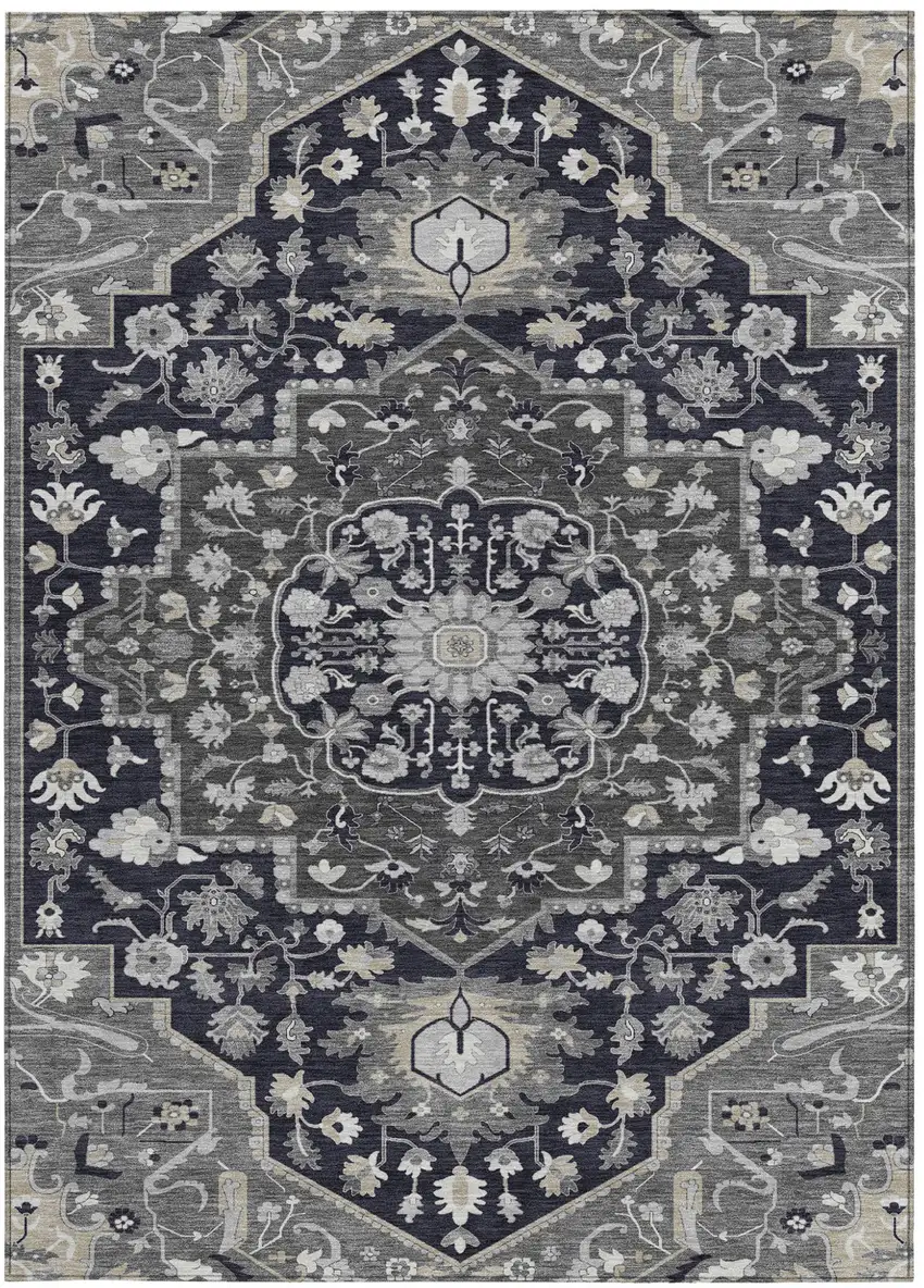 Black Gray And Beige Oriental Washable Indoor Outdoor Area Rug Photo 6