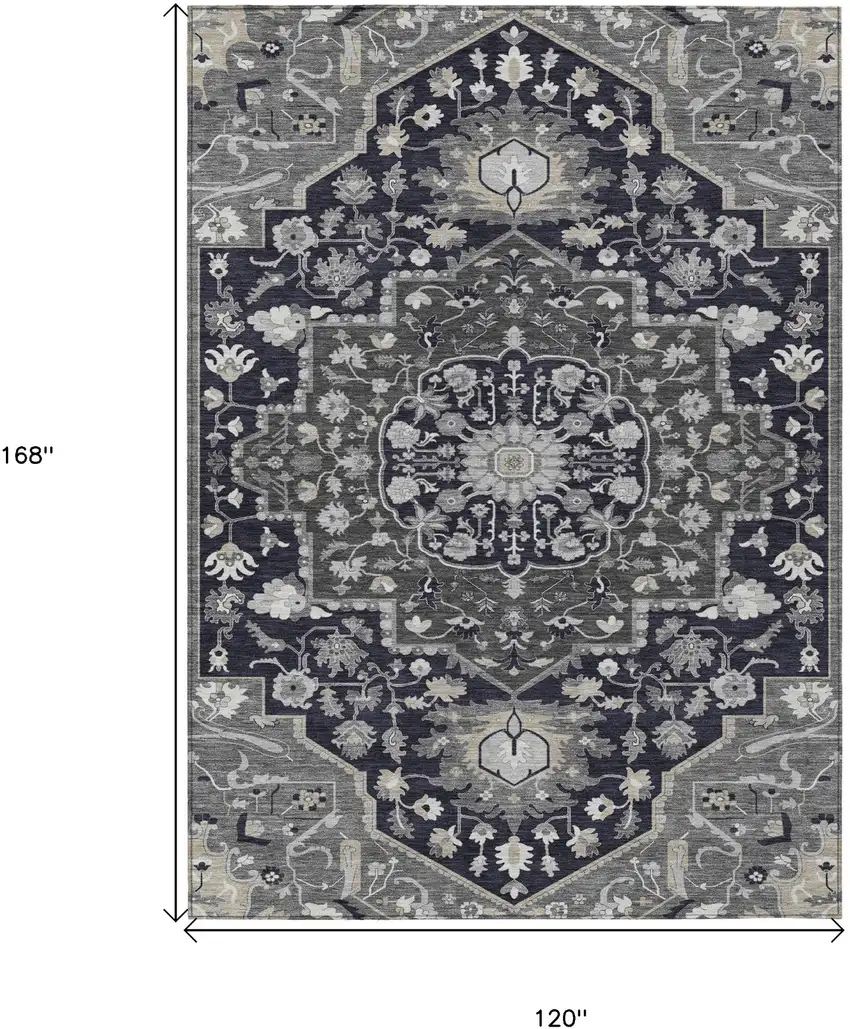 Black Gray And Beige Oriental Washable Indoor Outdoor Area Rug Photo 3