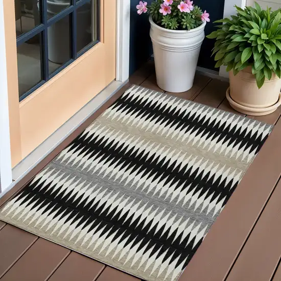 Black Gray And Beige Striped Washable Indoor Outdoor Area Rug Photo 1