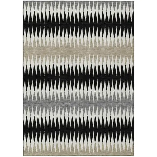 Black Gray And Beige Striped Washable Indoor Outdoor Area Rug Photo 2