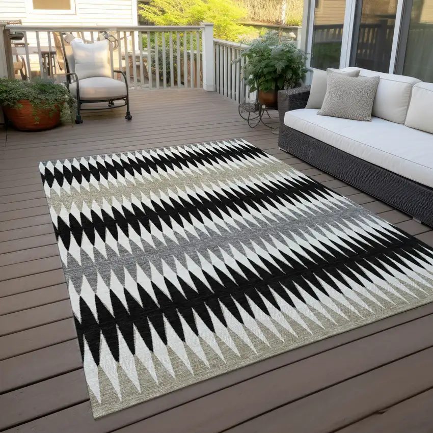 Black Gray And Beige Striped Washable Indoor Outdoor Area Rug Photo 9