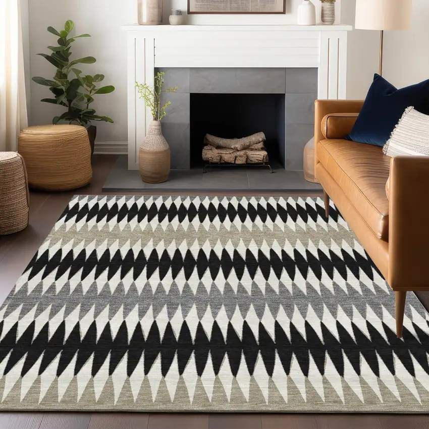 Black Gray And Beige Striped Washable Indoor Outdoor Area Rug Photo 9