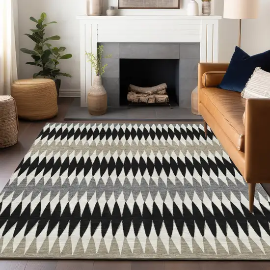 Black Gray And Beige Striped Washable Indoor Outdoor Area Rug Photo 9