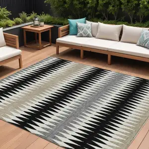 Photo of Black Gray And Beige Striped Washable Indoor Outdoor Area Rug