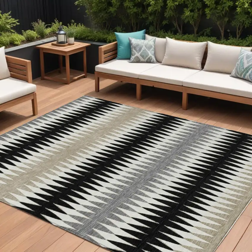 Black Gray And Beige Striped Washable Indoor Outdoor Area Rug Photo 1