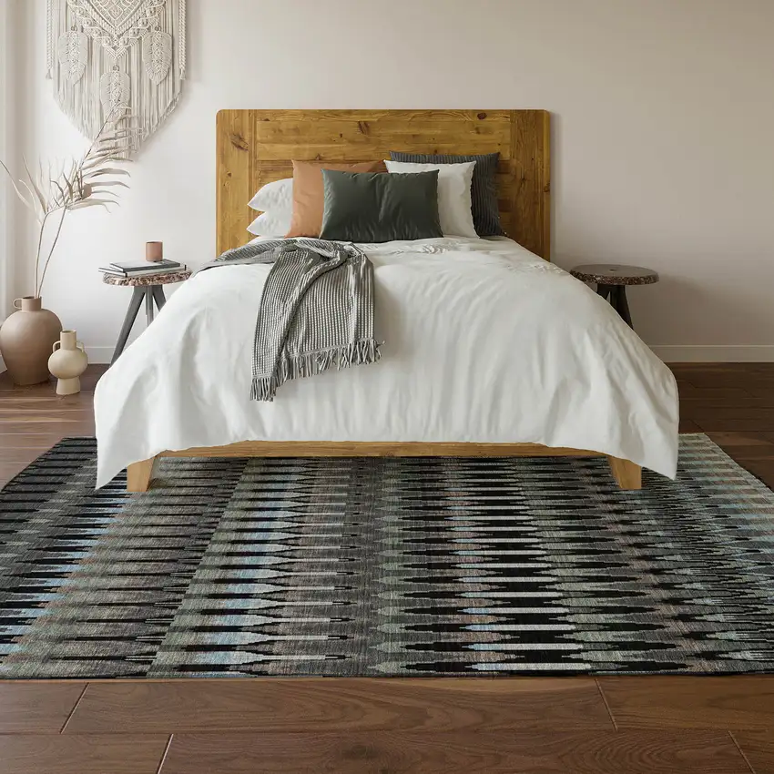 Black Gray And Blue Southwestern Washable Area Rug With UV Protection Photo 6