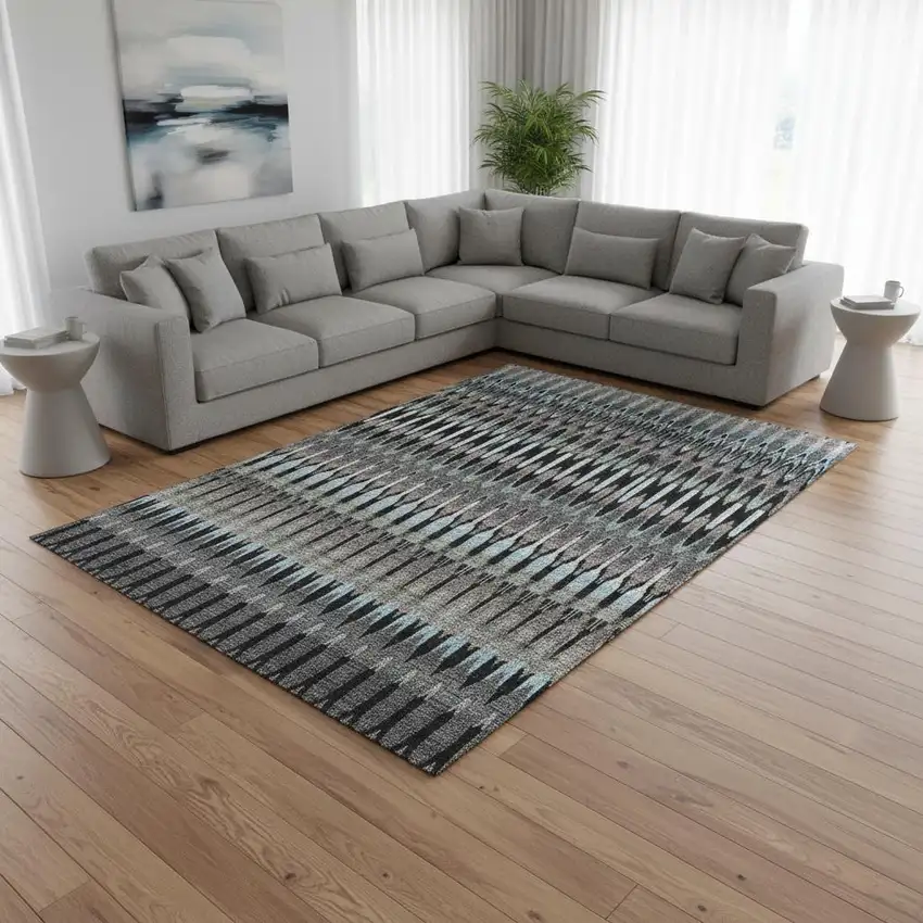 Black Gray And Blue Southwestern Washable Area Rug With UV Protection Photo 2