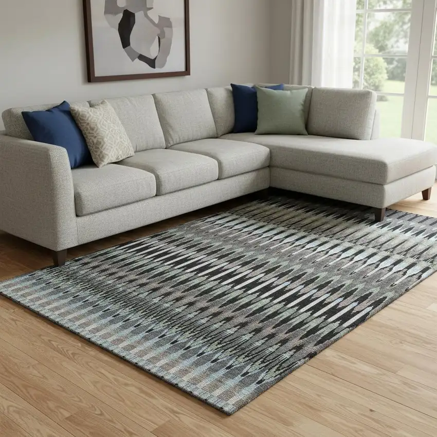 Black Gray And Blue Southwestern Washable Area Rug With UV Protection Photo 1