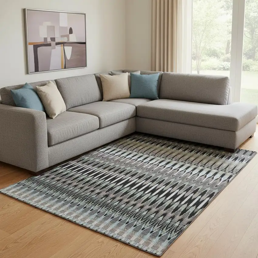 Black Gray And Blue Southwestern Washable Area Rug With UV Protection Photo 1