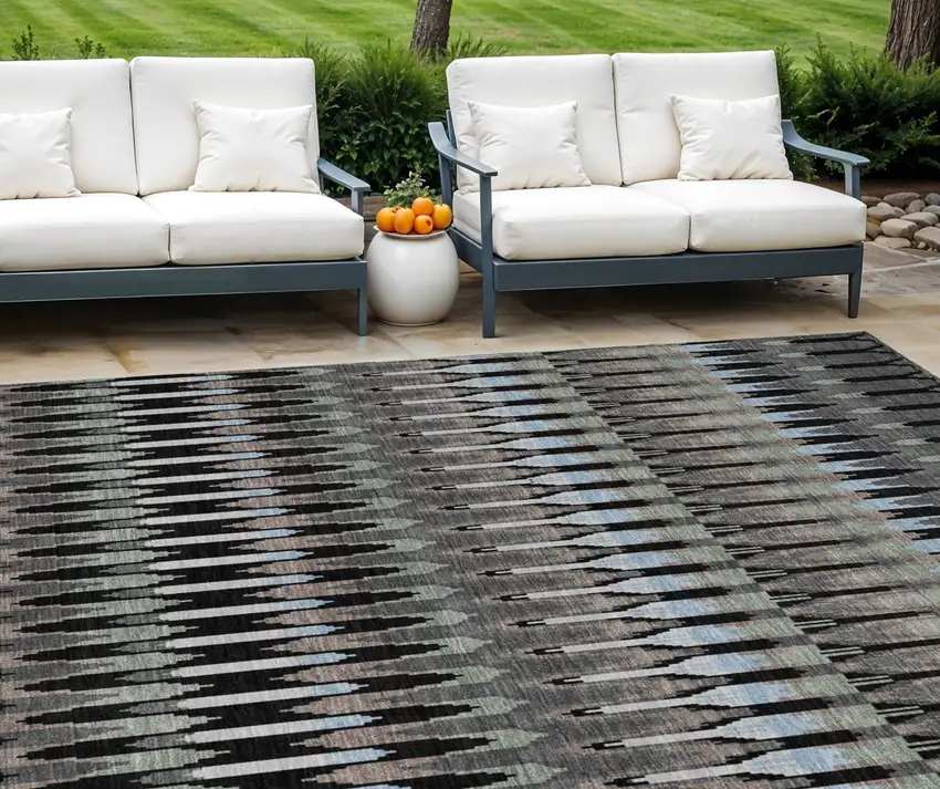 Black Gray And Blue Southwestern Washable Indoor Outdoor Area Rug Photo 1