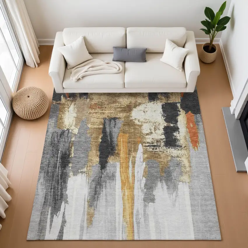 Black Gray And Brown Abstract Washable Area Rug With UV Protection Photo 5
