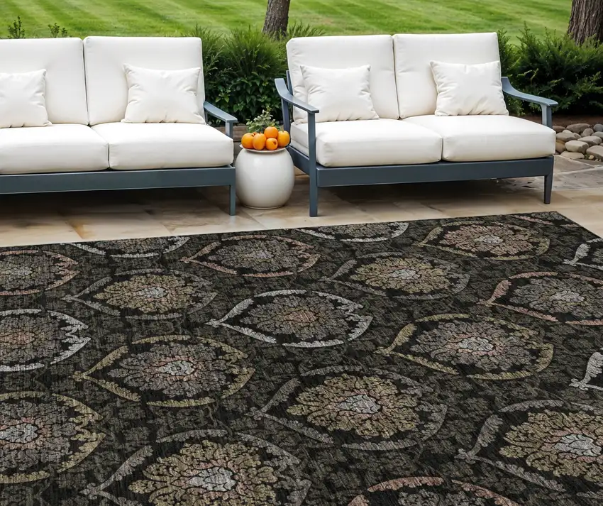 Black Gray And Brown Medallion Washable Indoor Outdoor Area Rug Photo 1