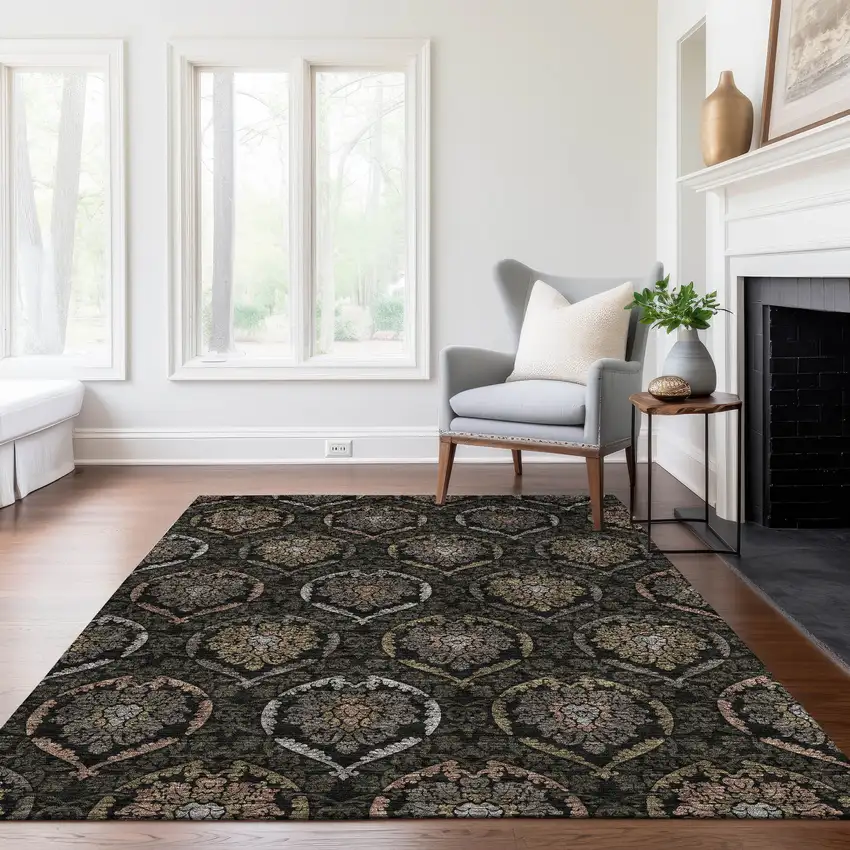 Black Gray And Brown Medallion Washable Indoor Outdoor Area Rug Photo 9