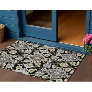 Photo of Black Gray And Brown Oriental Washable Indoor Outdoor Area Rug