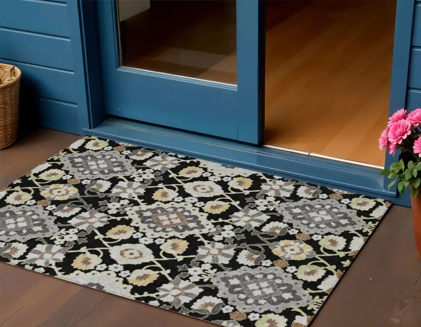 Black Gray And Brown Oriental Washable Indoor Outdoor Area Rug Photo 1