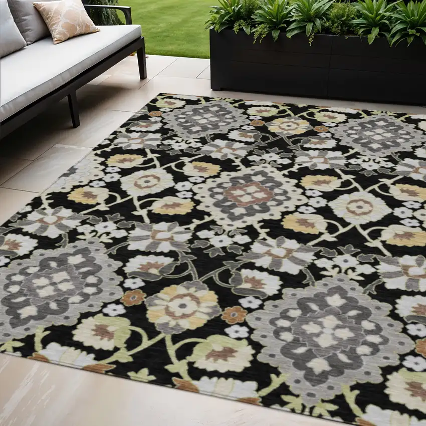 Black Gray And Brown Oriental Washable Indoor Outdoor Area Rug Photo 1