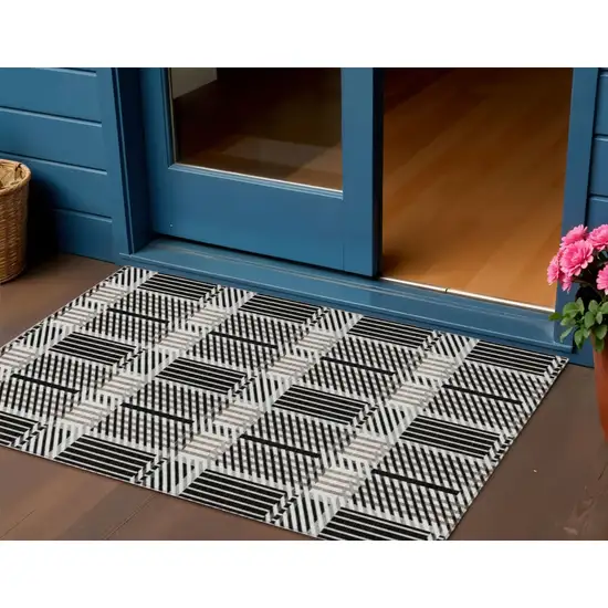 Black Gray And Brown Plaid Washable Indoor Outdoor Area Rug Photo 1