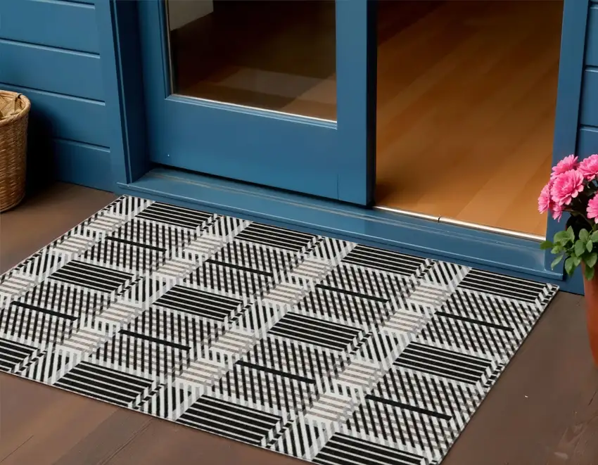 Black Gray And Brown Plaid Washable Indoor Outdoor Area Rug Photo 1