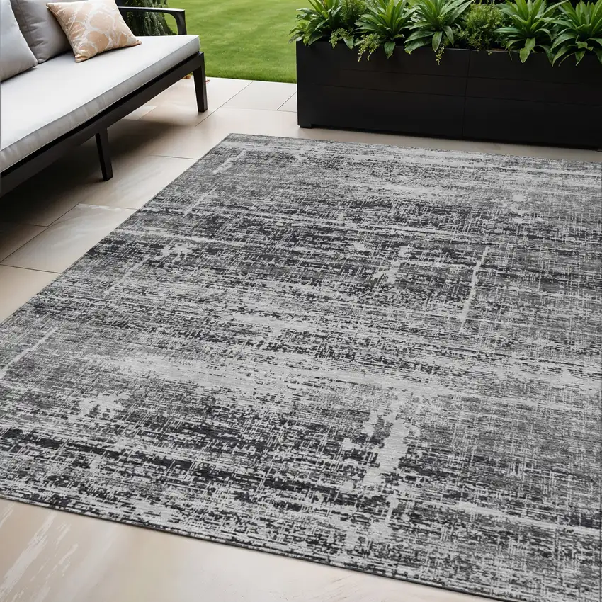Black Gray And Charcoal Abstract Washable Indoor Outdoor Area Rug Photo 1