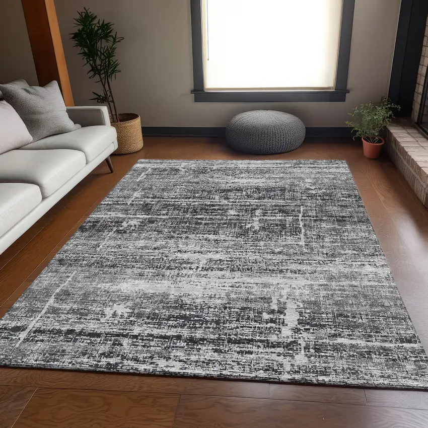 Black Gray And Charcoal Abstract Washable Indoor Outdoor Area Rug Photo 7