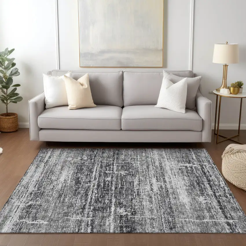 Black Gray And Charcoal Abstract Washable Indoor Outdoor Area Rug Photo 8