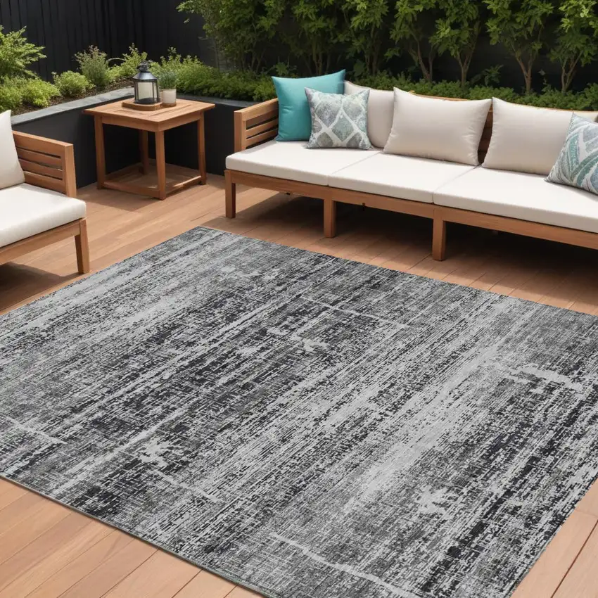 Black Gray And Charcoal Abstract Washable Indoor Outdoor Area Rug Photo 1