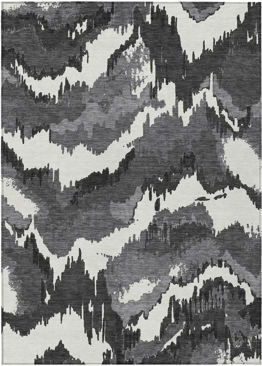 Black Gray And Charcoal Abstract Washable Indoor Outdoor Area Rug Photo 2