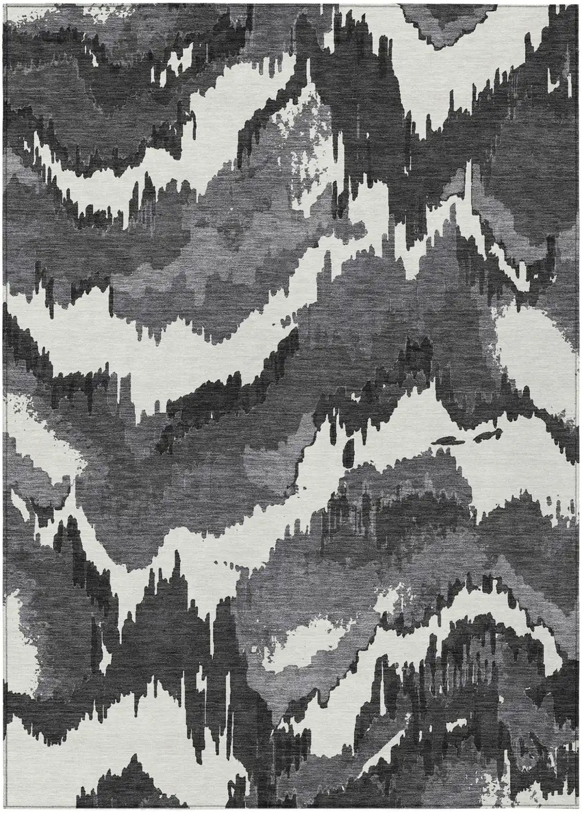 Black Gray And Charcoal Abstract Washable Indoor Outdoor Area Rug Photo 2