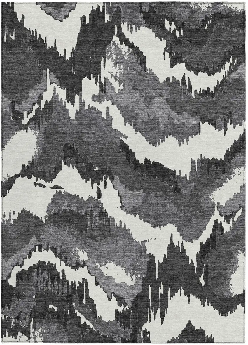 Black Gray And Charcoal Abstract Washable Indoor Outdoor Area Rug Photo 7