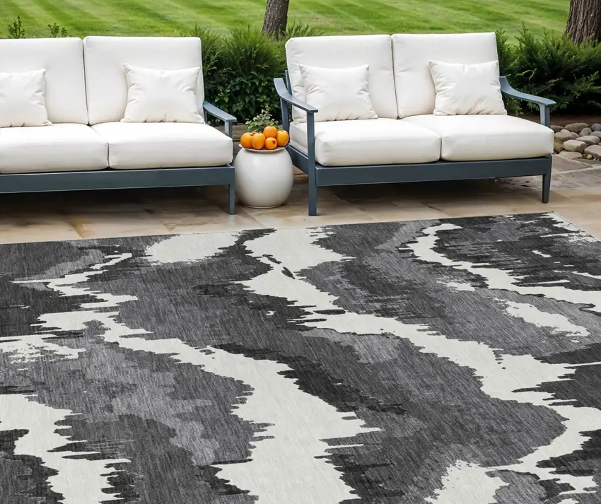 Black Gray And Charcoal Abstract Washable Indoor Outdoor Area Rug Photo 1