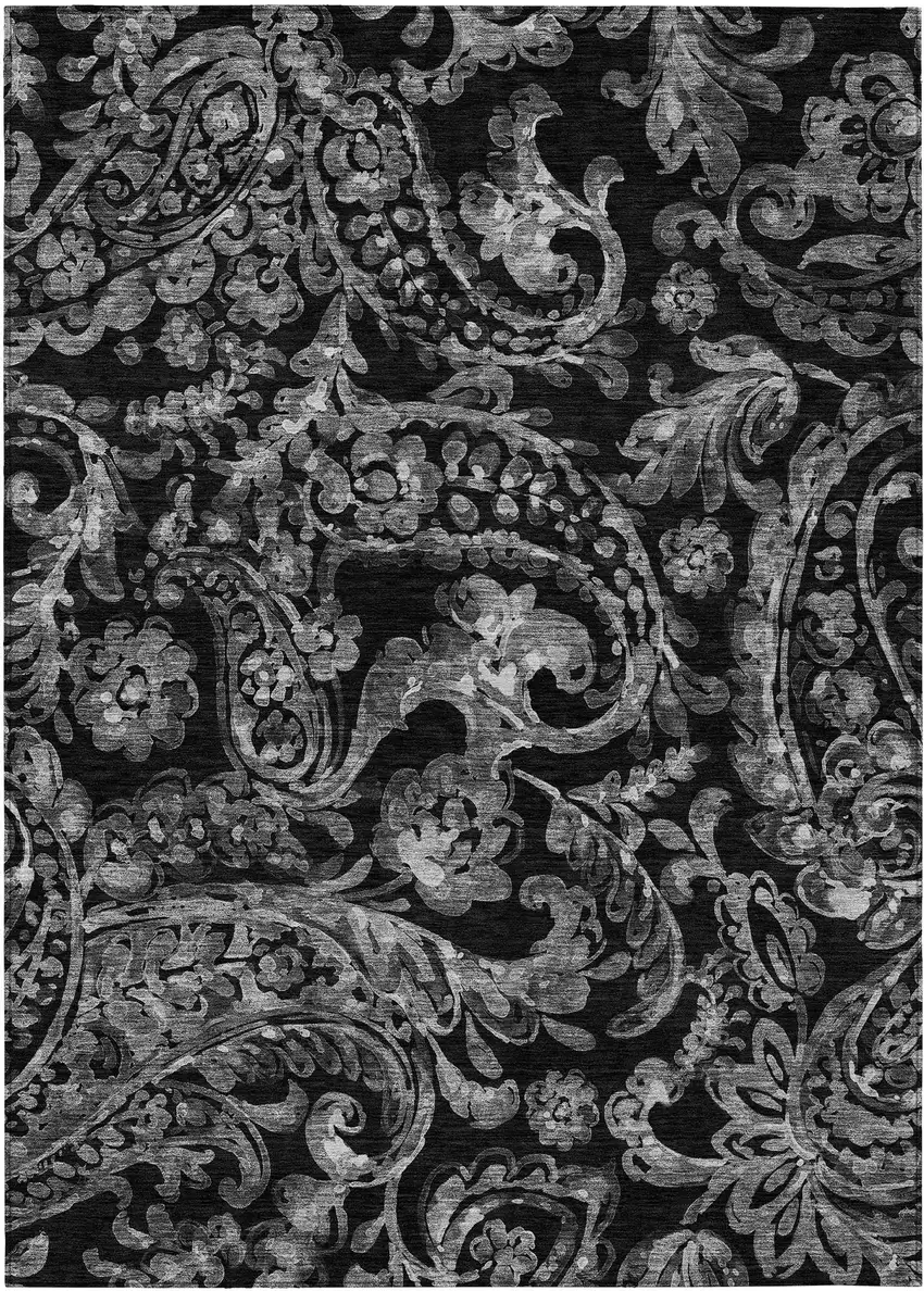 Black Gray And Charcoal Paisley Washable Indoor Outdoor Area Rug Photo 2