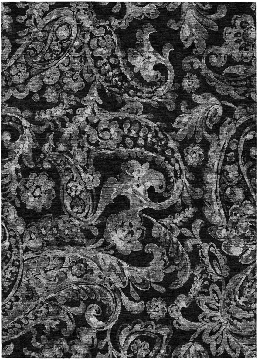 Black Gray And Charcoal Paisley Washable Indoor Outdoor Area Rug Photo 2