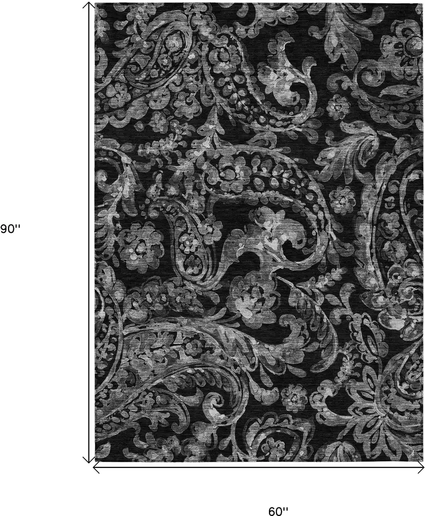 Black Gray And Charcoal Paisley Washable Indoor Outdoor Area Rug Photo 3