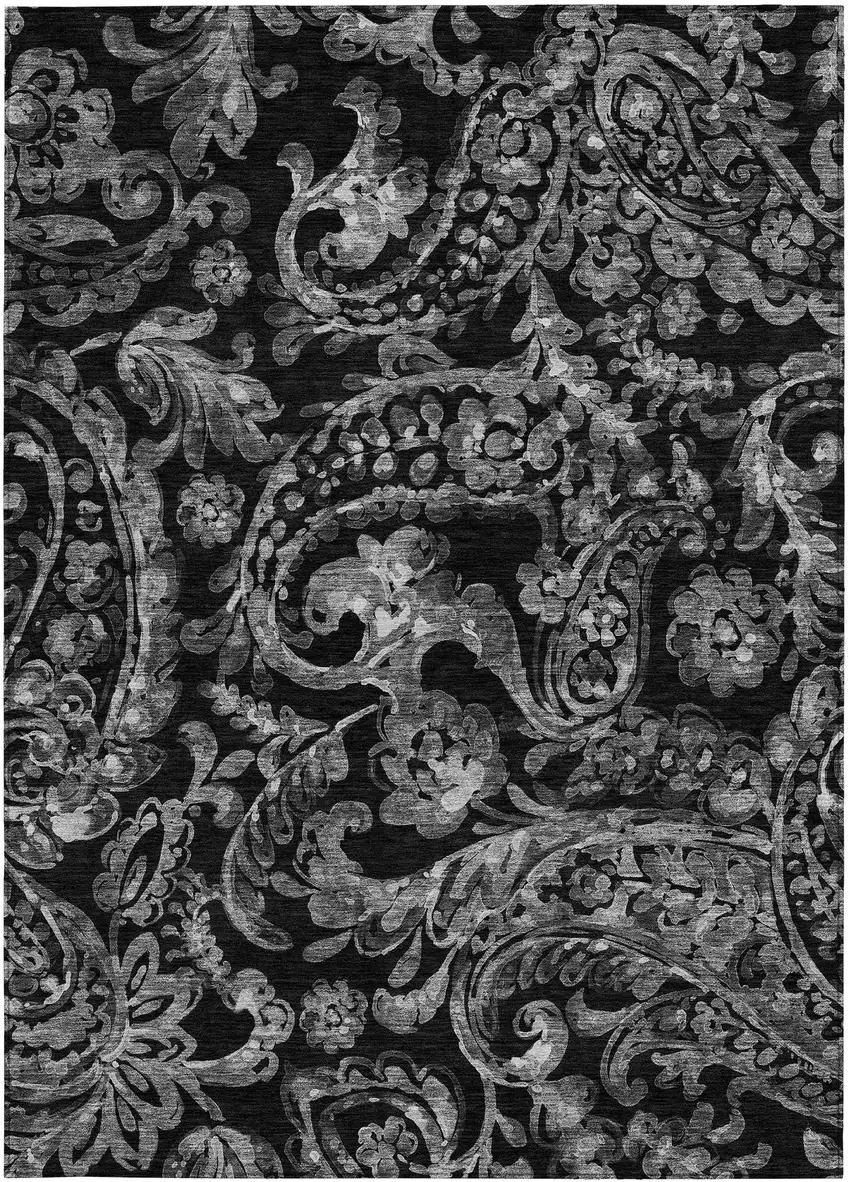 Black Gray And Charcoal Paisley Washable Indoor Outdoor Area Rug Photo 7