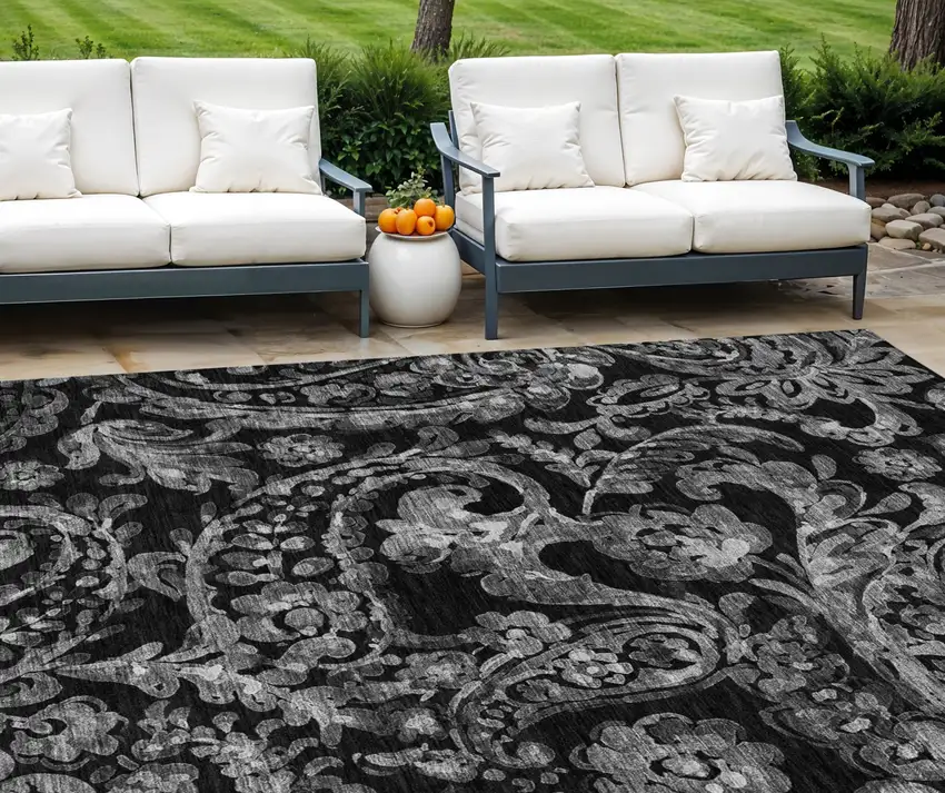Black Gray And Charcoal Paisley Washable Indoor Outdoor Area Rug Photo 1