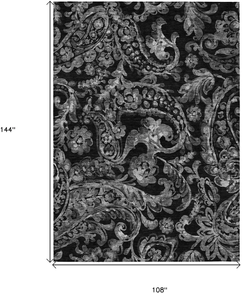 Black Gray And Charcoal Paisley Washable Indoor Outdoor Area Rug Photo 3