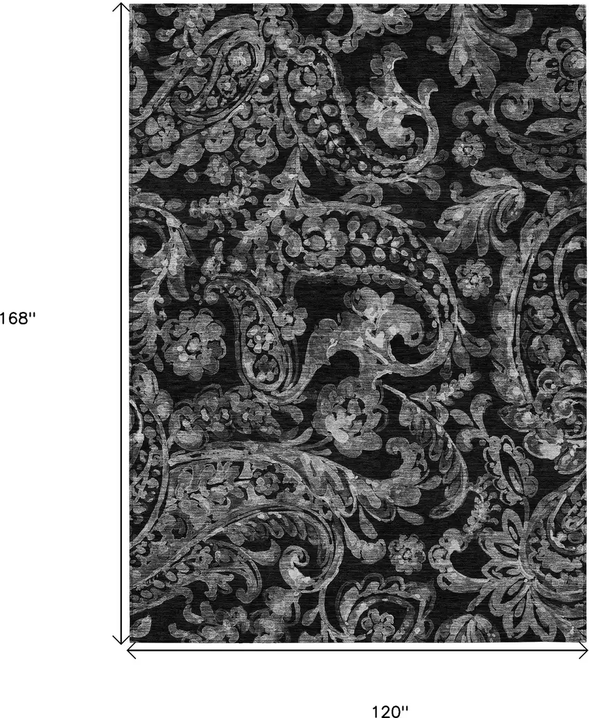 Black Gray And Charcoal Paisley Washable Indoor Outdoor Area Rug Photo 3