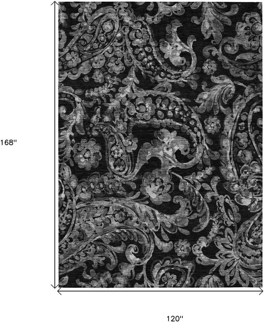 Black Gray And Charcoal Paisley Washable Indoor Outdoor Area Rug Photo 3